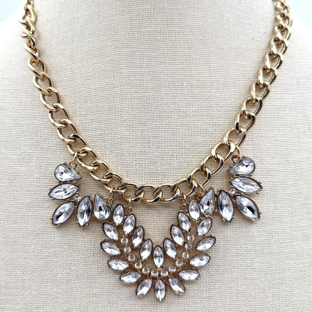 Vintage 90s Gold Tone Statement Necklace Clear Glass Marquise Bib Boho Jewelry